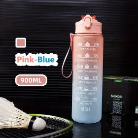 32oz/900mL Motivational Water Bottle With Straw & Time Marker; Daily Water Intake Bottle With Carrying Strap For Fitness Gym School Mountain Climbing (Color: Pink-Blue)