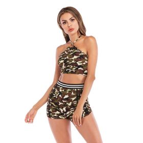 summer new women's European and American sports and fitness halter lace vest + shorts sports and leisure suit (Color: Camouflage, size: S)