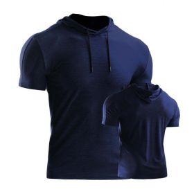 Male Training Shirts Quick Drying Gym Clothing Musculation Sportswear Fitness Running Jackets Rashguards Hoodies ropa deportiva (Color: Navy blue 2, size: XXXL)