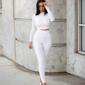 fashion tracksuit women turtleneck full sleeveless crop top+leggings matching set stretchy sporty fitness casual outfits (Color: White, size: S)